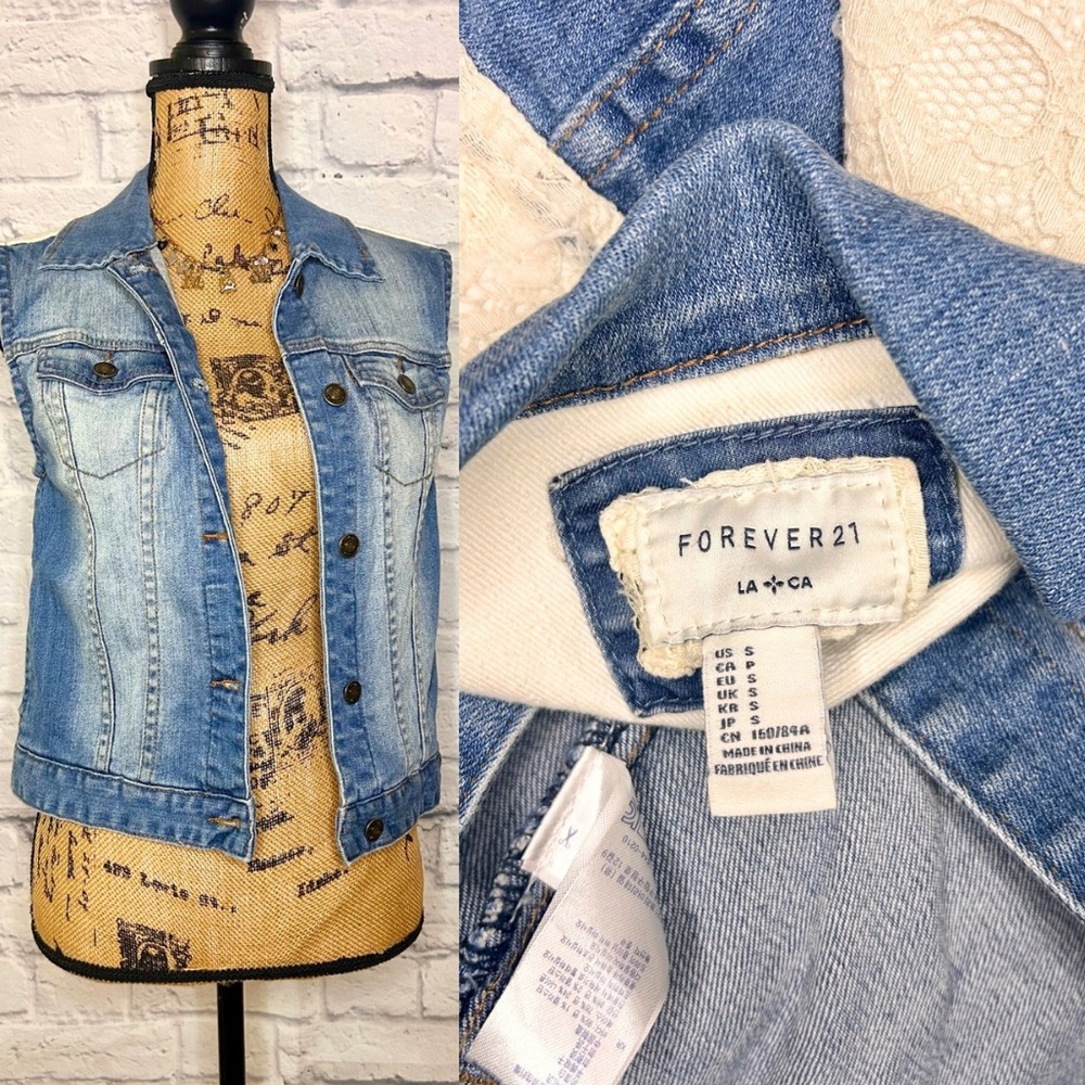 Forever 21 Lace & Denim Vest Button Sleeveless Top Coastal Cowgirl Boho Y2K